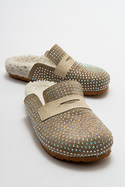 PASSAGE SHOES Kadın Hakiki Deri Taşlı Kürklü Kışlık Terlik 6240