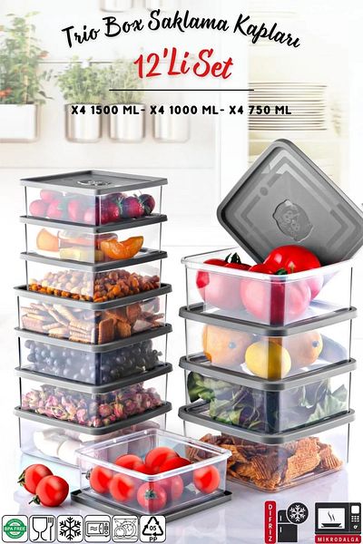 Open Home Concept Set of 12 Square Microwave & Freezer Compatible Trio Storage Container X4 0.75 Lt/1 Lt/1.5 Lt