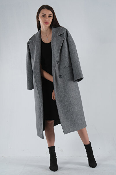 Feminist Önden Düğmeli Oversize Örme Kaşe Kaban Gri 0108068