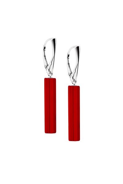 Amber by Mazukna Kırmızı Bar Dikdörtgen Kesim Kehribar Küpe, 925 Gümüş Kilit, Genç, Yetişkin, Sertifikalı