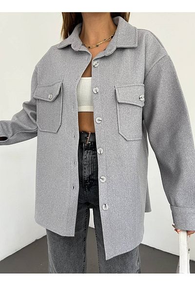 lovebox Women's Gray Stash Fabric Pocket Detailed Oversize Shirt 10930