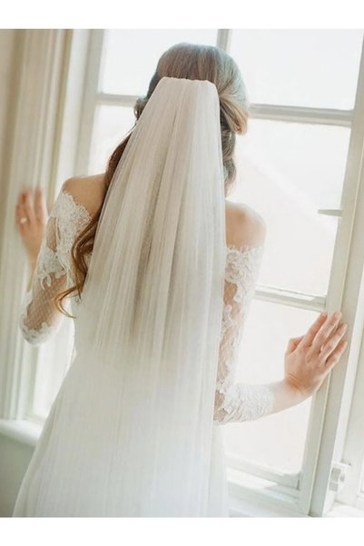 SCKN Aksesuar Off White 3 Meters Single Layer Scalloped Veil Long Veil Stylish Veil