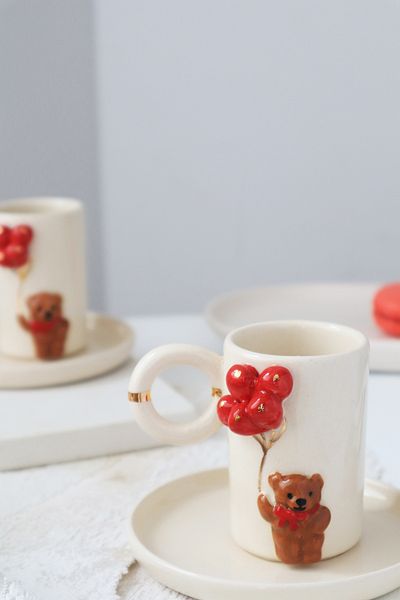 ada mia seramik Handmade 2-Piece Teddy Bear and Balloon Figured 24k Gold Decorated Ceramic Cup Set 120ml