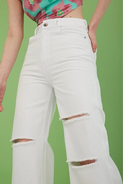 LİMABEL Λευκό ψηλόμεσο φαρδύ τζιν Λευκό φαρδύ τζιν με κορδόνι τζιν 100% βαμβάκι