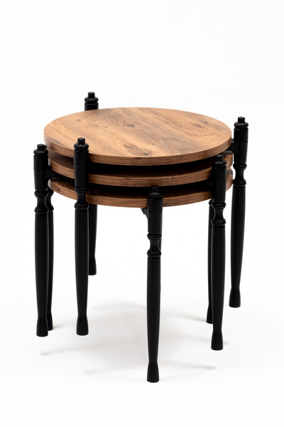 Modalife Puzzle Salon&Oturma Odası Yuvarlak Zigon Sehpa Takımı - Atlantik Çam&Siyah