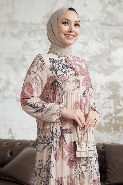 InStyle Φόρεμα Hijab σιφόν με κουμπιά Jalya Collar - Πούδρα