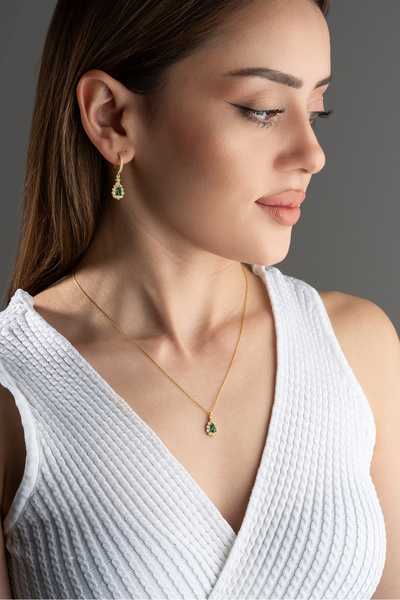 Silvano Jewelry 925 Ayar Gümüş Zümrüt Yeşili Damla Kolye Küpe Seti