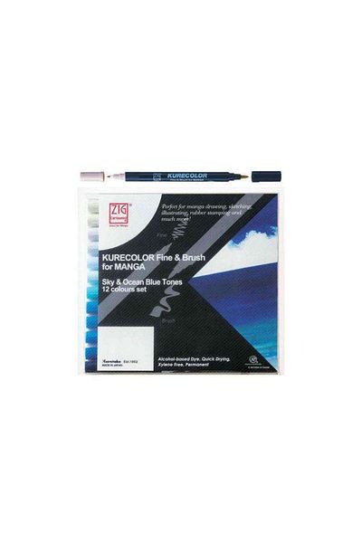 Zig Kurecolor Fine & Brush For Manga Sky & Ocean Blue Tones 12 Colors