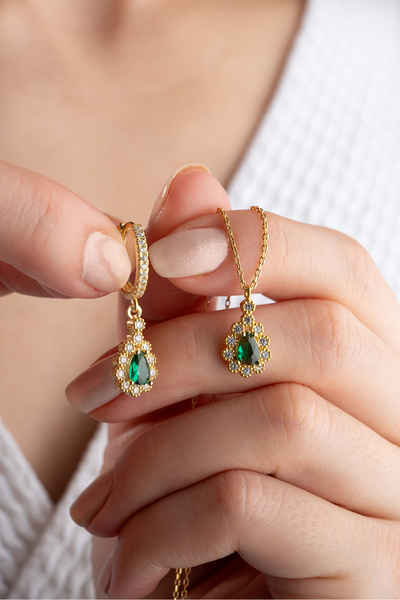 Silvano Jewelry 925 Ayar Gümüş Zümrüt Yeşili Damla Kolye Küpe Seti