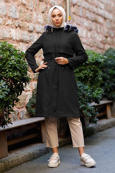 InStyle Παλτό με δερμάτινη λεπτομέρεια και γούνα εσωτερικά με τσέπη με φερμουάρ - Μαύρο