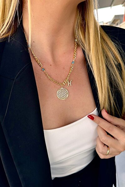 Trendy Butik Kişiye Özel Harfli Altın Kaplama Üç Nazarlı Yaşam Çiçeği ve H Ha...
