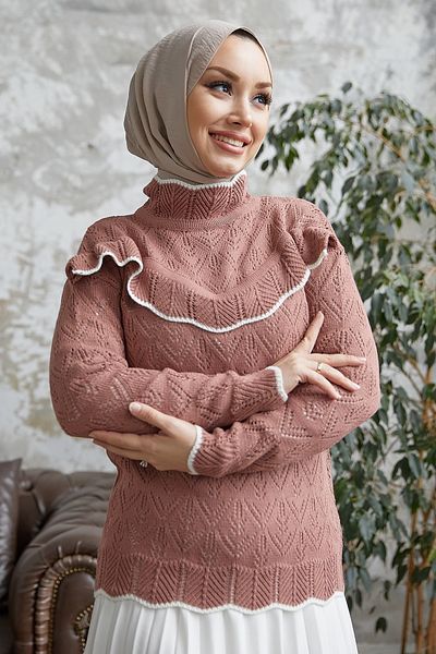 InStyle سترة ألفي تريكو مخططة بكشكشة - وردة مغبرة