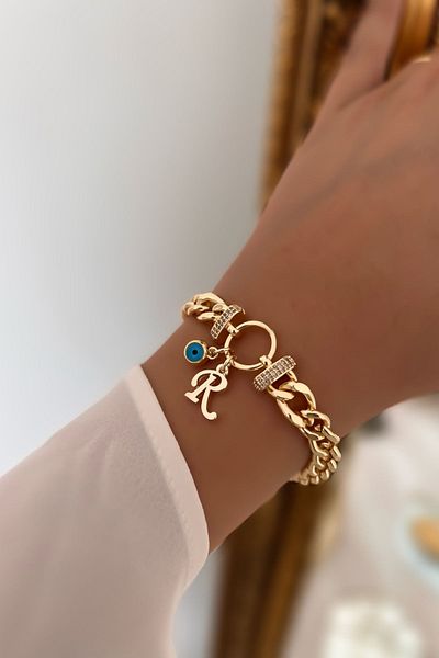 Trendy Butik حرف R وعين الشر متدلية من حجر الزركون