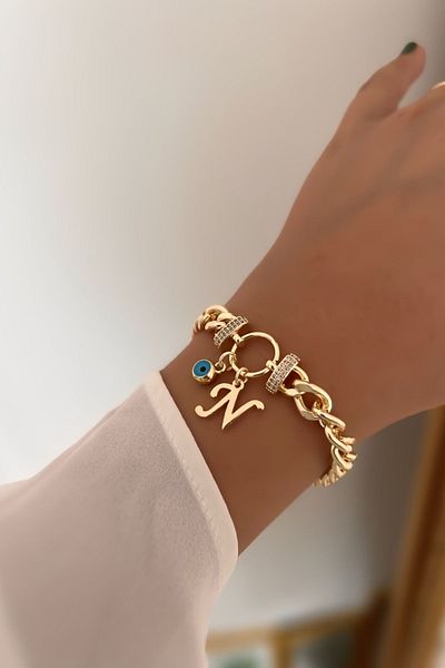 Trendy Butik حرف N وعين الشر متدلية حجر الزركون هوب سوار