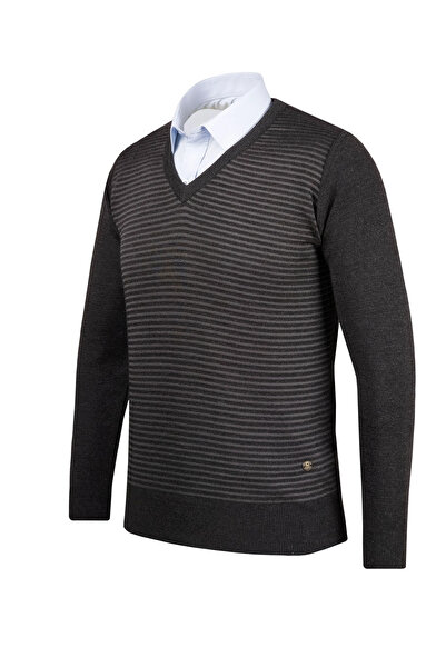 Çizgi Triko Ανδρικό πλεκτό πουλόβερ με λαιμόκοψη V με μοτίβο μανίκι και μέση ελαστικό ατσάλι πλεκτό κλασικό καλούπι