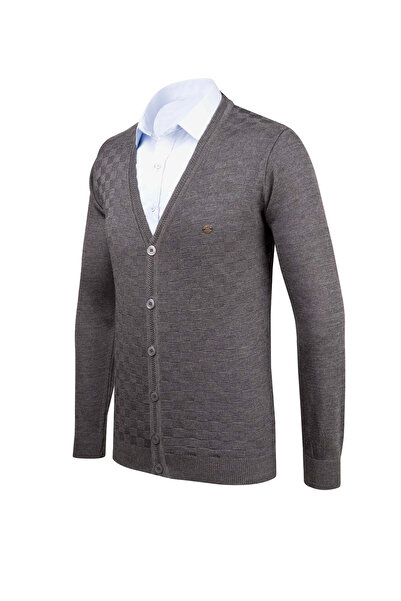 Çizgi Triko Men's V-Neck Knitwear Cardigan Buttoned Patterned Steel Knit Regular Fit