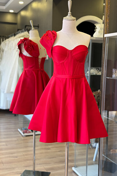 Lenta Moda Kırmızı Saten Mini Abiye ve Gece Elbisesi