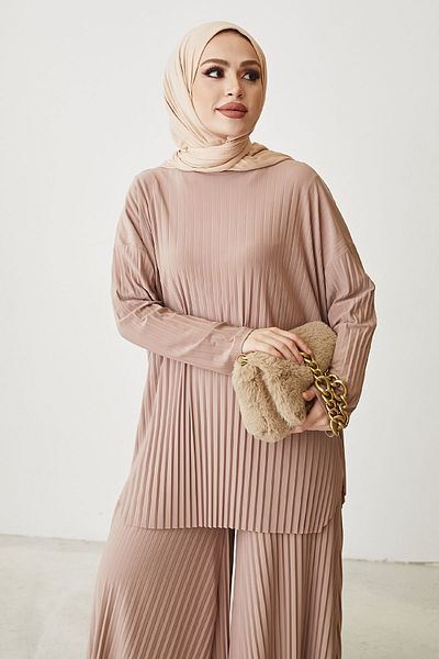 InStyle Mila Pleated Trousers Tunic Double Set - Camel