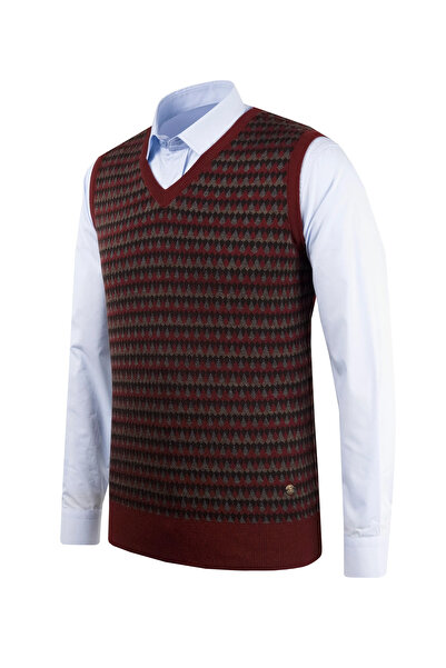 Çizgi Triko Men's Claret Red V-Neck Knitwear Sweater Patterned Colorful Winter Steel Knit Classic Fit