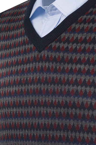 Çizgi Triko Чоловічий темно-синій светр з V-подібним коміром, візерунчастий, кольоровий, зимовий, трикотажний, класичний крій