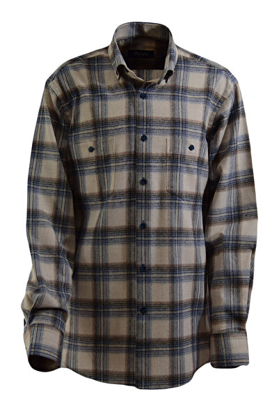 YILDIZ GÖMLEK Krem Üzeri Mavi Laci Kahve Ekose Düğmeli Yaka Çift Cepli Klasik...