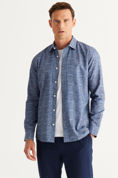 ALTINYILDIZ CLASSICS Мъжка тъмносиня риза с принт, с щампа и кройка Slim Fit, класическа яка, 100% памук