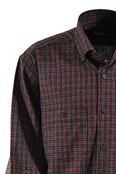 YILDIZ GÖMLEK Kırmızı Siyah Kareli Düğmeli Yaka Çift Cepli Klasik Kesim Kışlık Pamuklu Erkek Gömlek