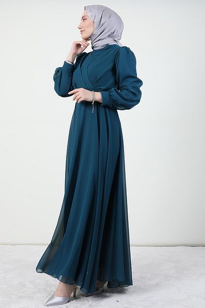 giz astore Petrol Color Crossed Chiffon Dress