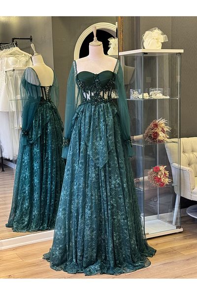 Lenta Moda Emerald Green Glittered Lace Skirt and Embroidered Lace Detail Evening/Engagement Dress