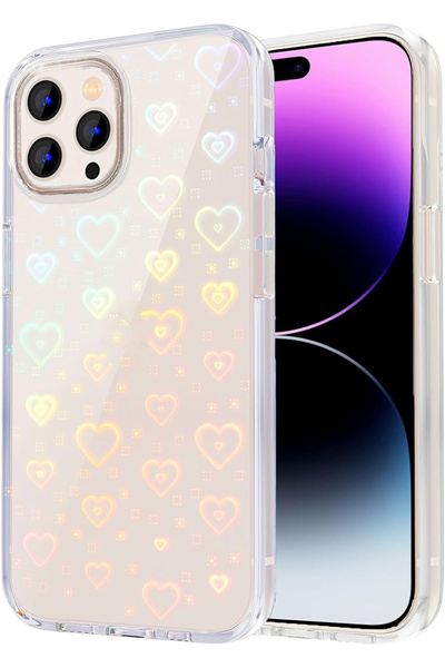 EDELFU Iphone 14 Pro Max Için Şeffaf Hologram Kalpli Darbeye Dayanıklı Siliko...