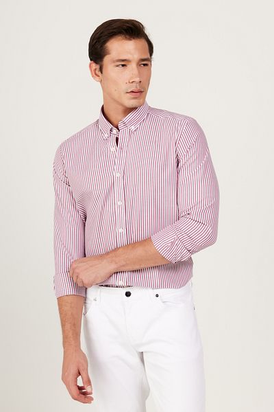 AC&Co / Altınyıldız Classics Men's White-burgundy Slim Fit Slim Fit Button Collar Cotton Striped Shirt
