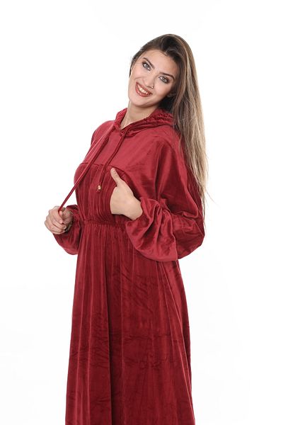 mervemoda Rochie de damă din catifea burgundă cu glugă