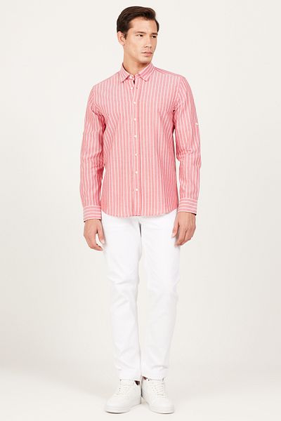 AC&Co / Altınyıldız Classics Men's Burgundy-white Slim Fit Slim Fit Hidden Button Collar 100% Cotton Striped Shirt