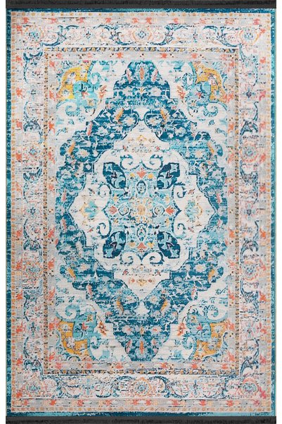 Rugs Modern Halı Orange Blue Themed Traditional Motif Ethnic Patterned Vintag...