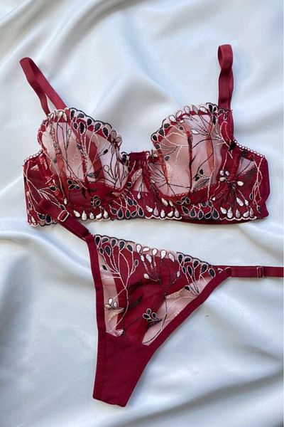 MEBA Σετ Bralet με Κεντητό Δαντελένιο Κόκκινο Μαύρο Κέντημα Arona