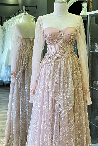 Lenta Moda Pudra Simli Dantel Etekli Ve İşlemeli Dantel Detaylı Abiye/nişan Elbisesi