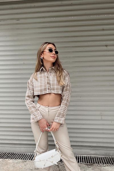 Seda Yalçın Atelier Beige Plaid Detailed Crop Shirt