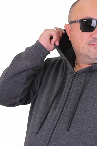 MocGrande Büyük Beden Unisex Kapüşonlu 3ip Sweat 11701 Antrasit Melanj