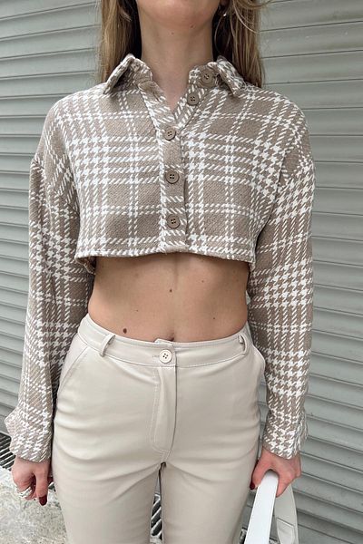 Seda Yalçın Atelier Beige Plaid Detailed Crop Shirt