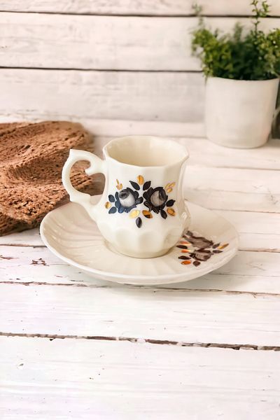 NADY STUDIO Halfeti 2-Piece Cup Set Handmade Porcelain Black Rose Christmas Gift 24 Carat Gold Embroidered