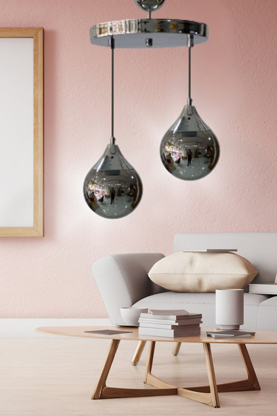 Genel Markalar Damla 2'Li Gümüş Detaylı Hakiki Glop Cam Lüks Avize - Yatak Od...