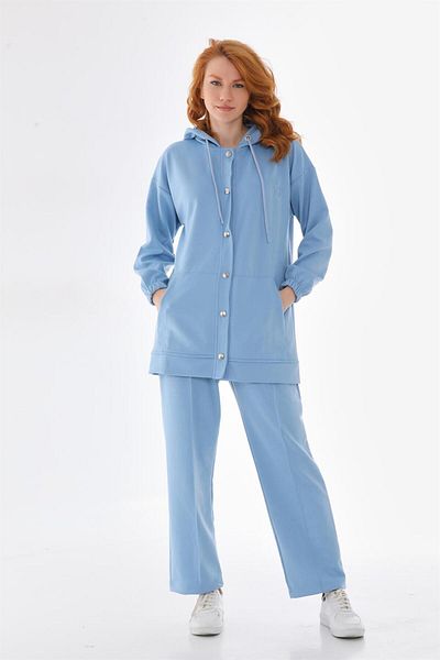 WestBound Women's Ice Blue Bottom Top Set Jacket Wide Leg Trousers