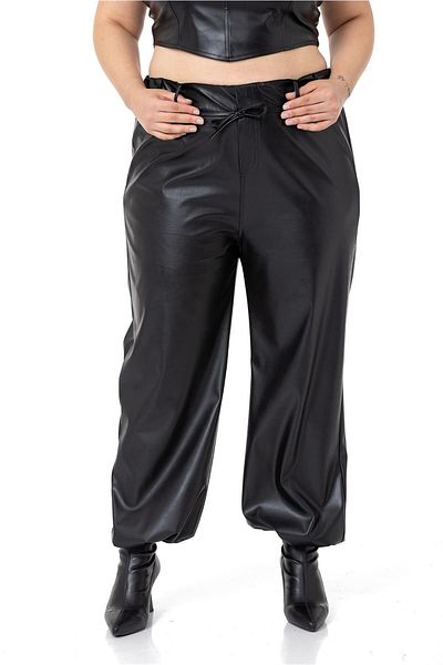DISENTIS MODEST Plus Size Leather Black Trousers with Drawstring Detail on the Leg