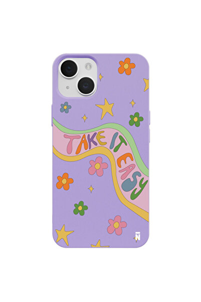 Casen Iphone 14 Plus Özel Tasarım Yazılı Çiçek Figürlü Lila Renkli Silikon Te...