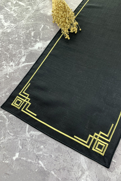 WEARE2 Culoare neagră cu broderie aurie cu sclipici, 40x110 cm, cu efect de in.