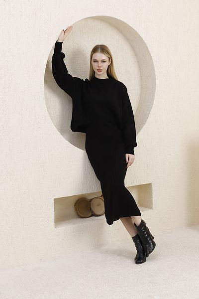 MD trend Women's Black Knitwear Fabric Dress Sweater Set
