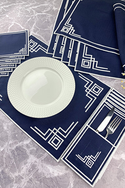 WEARE2 Set de masă americană cu broderie albă, culoare bleumarin (6 persoane,...