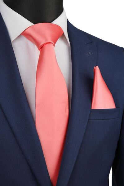 La Pescara Plain Satin Tie with Coral Handkerchief 1112