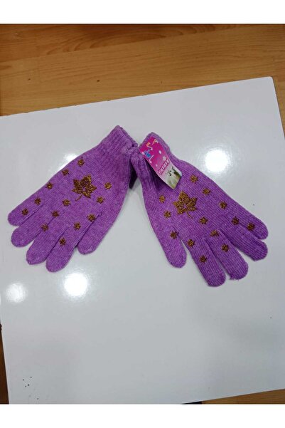 NUR TEKSTİL kadın lila triko üstü yaprak sim detaylı eldiven