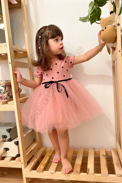 penu baby kids Gül Kurusu Puantiyeli Tütülü Kısa Kol Kız Bebek Elbise - Emily